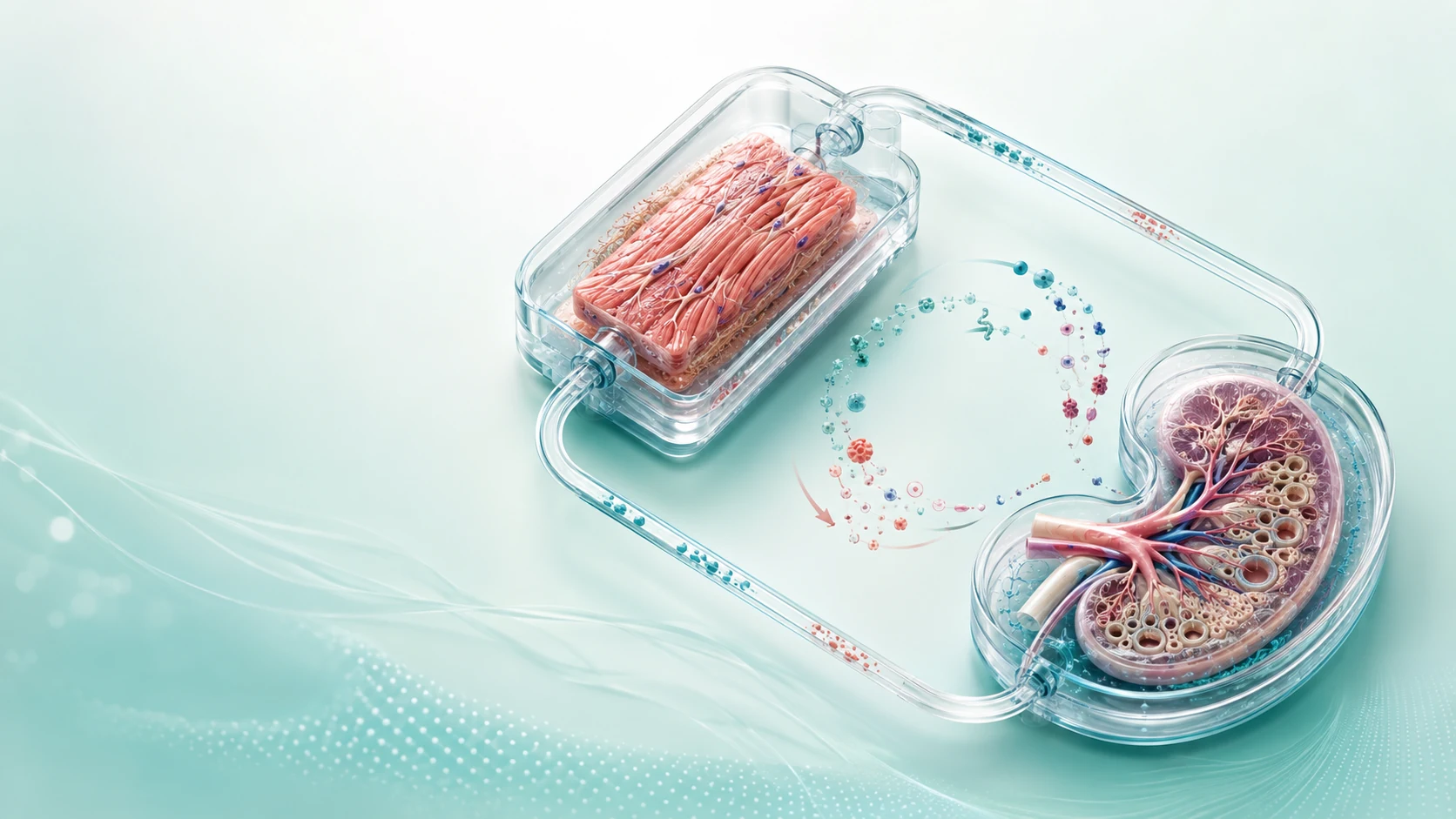 Conceptual illustration of connected cardiac and renal tissue modules