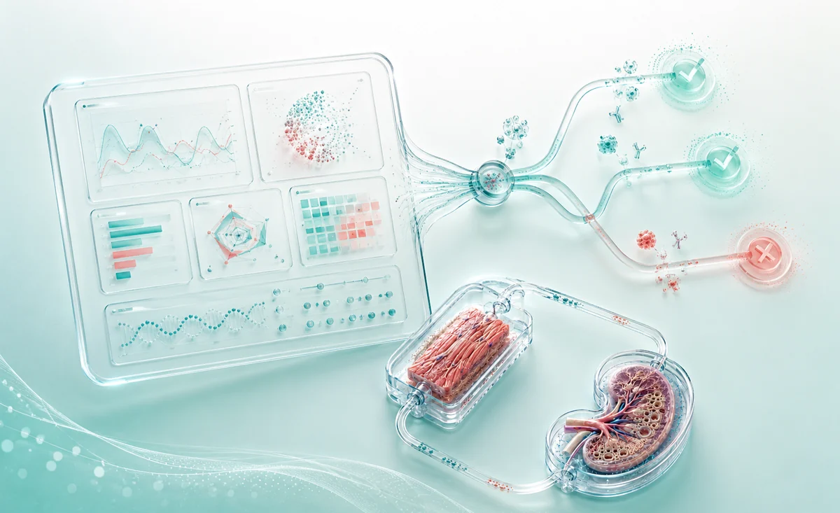 Futuristic AI illustration of a decision dashboard connecting biological evidence to go-no-go choices