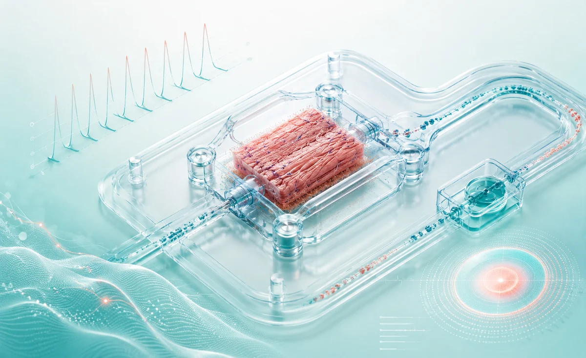 Futuristic AI illustration of functional cardiac tissue readouts and contractility signals