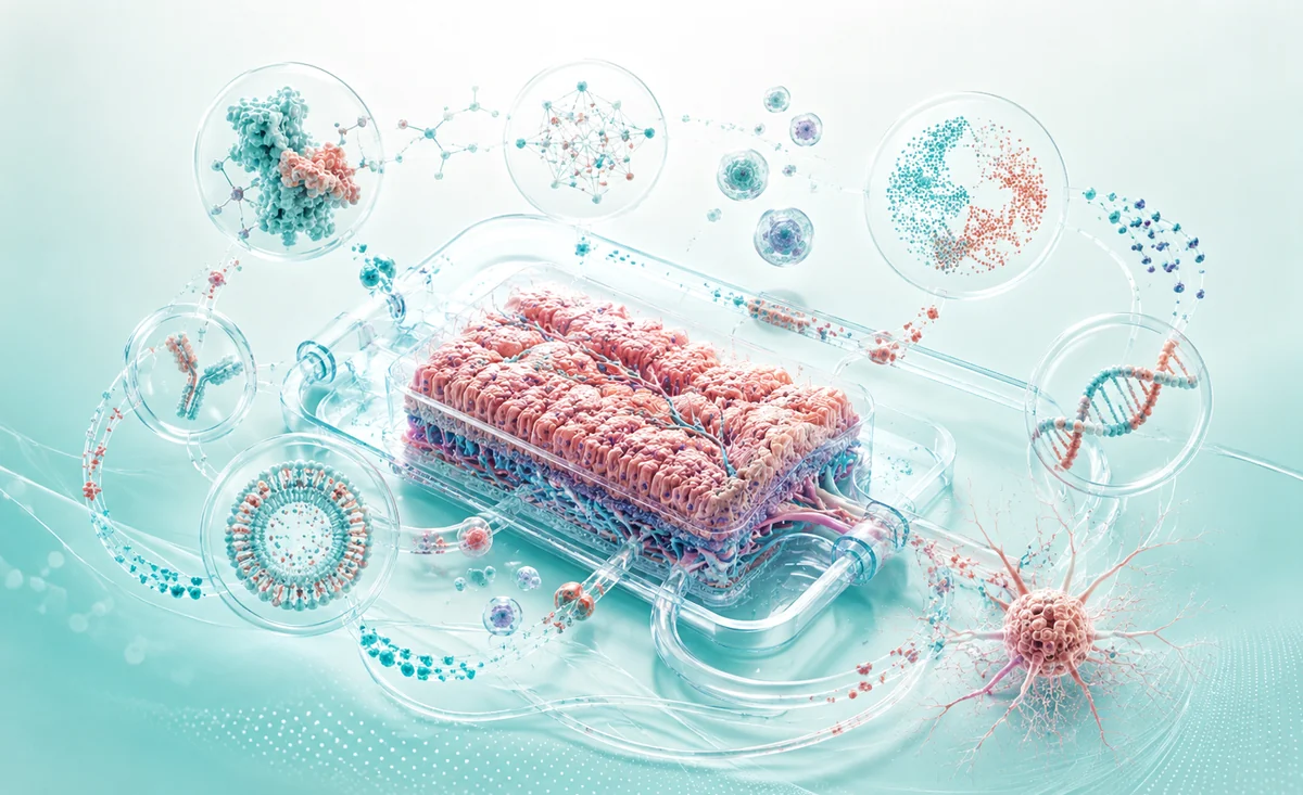 Futuristic AI illustration of molecular networks, biomarkers, and multi-omics biology