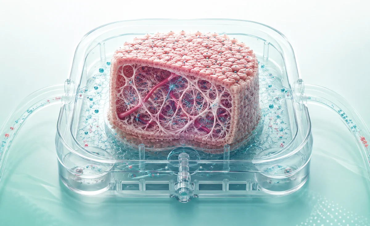 Futuristic AI illustration of structural tissue architecture and extracellular-matrix remodeling